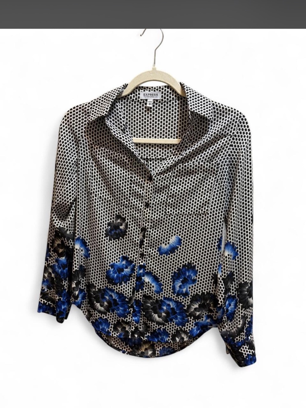 Express Blue and Black Floral Dot-Pattern Button Down Shirt